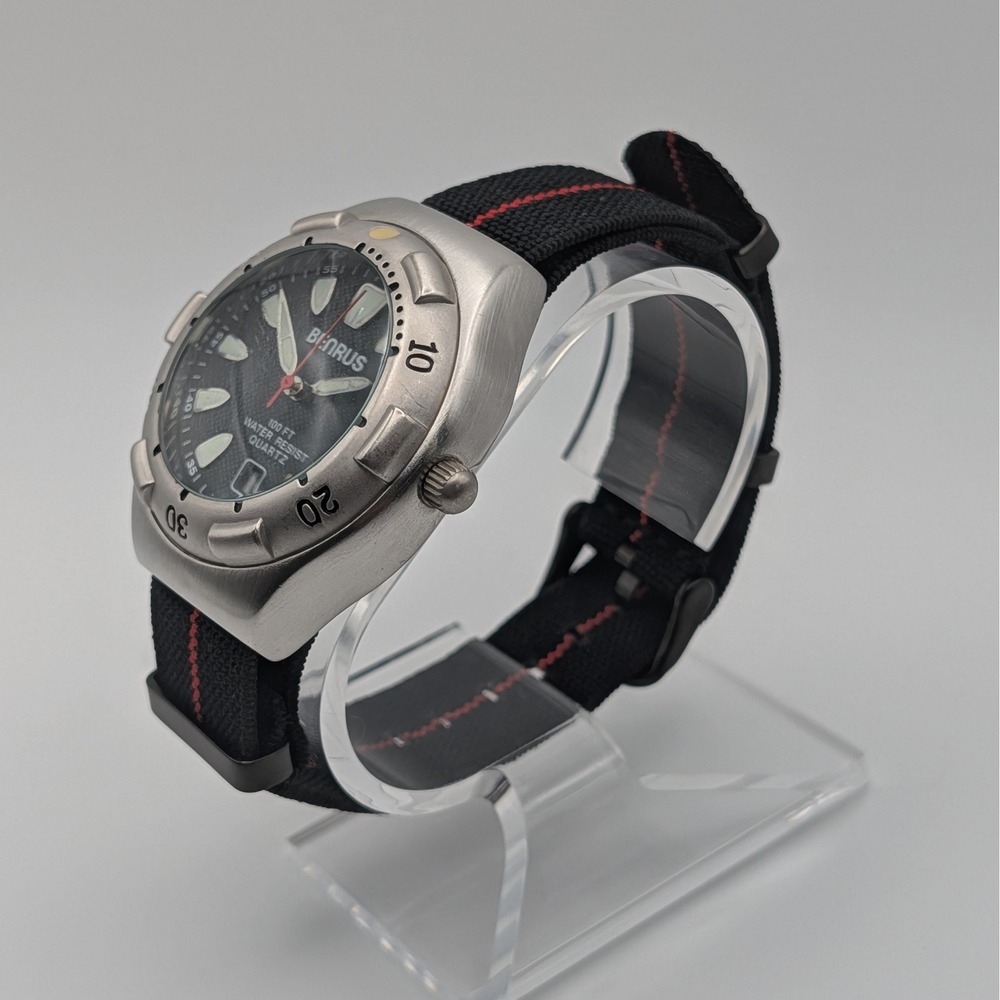 Benrus W1512 Quartz Diver Style Watch Black Dial NATO Strap 43mm Date Lume - Picture 7 of 10